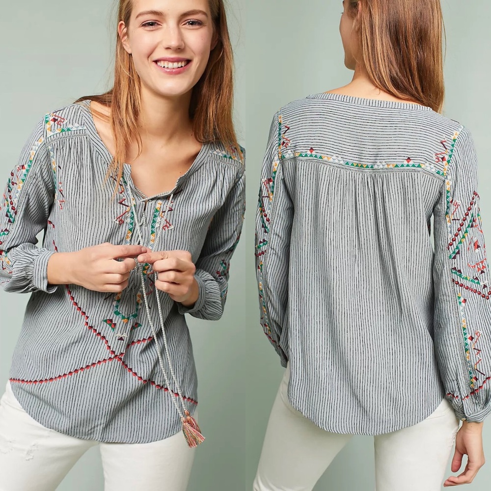 Anthropologie Striped Embroidered Peasant Blouse in Gray and White